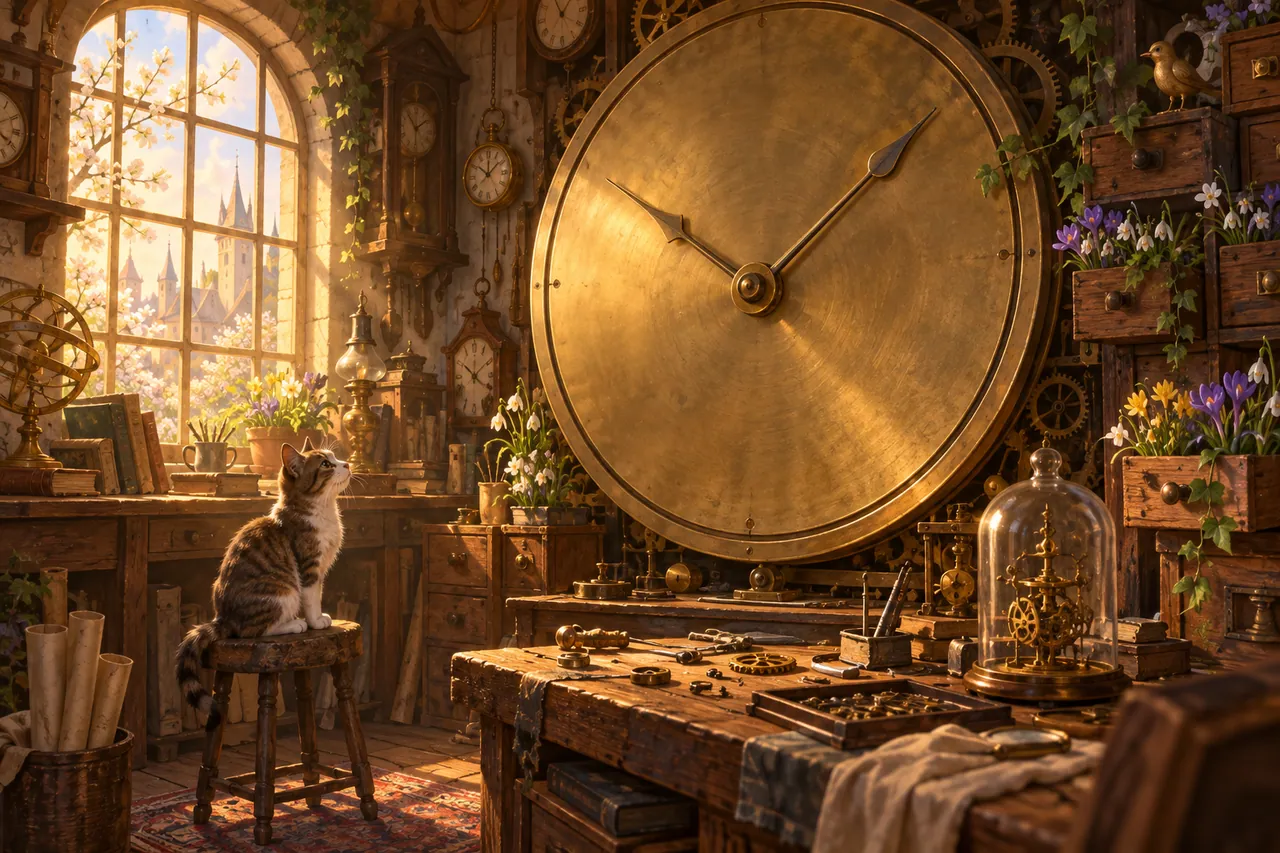 A whimsical old clock workshop with one enormous brass clock without numerals.