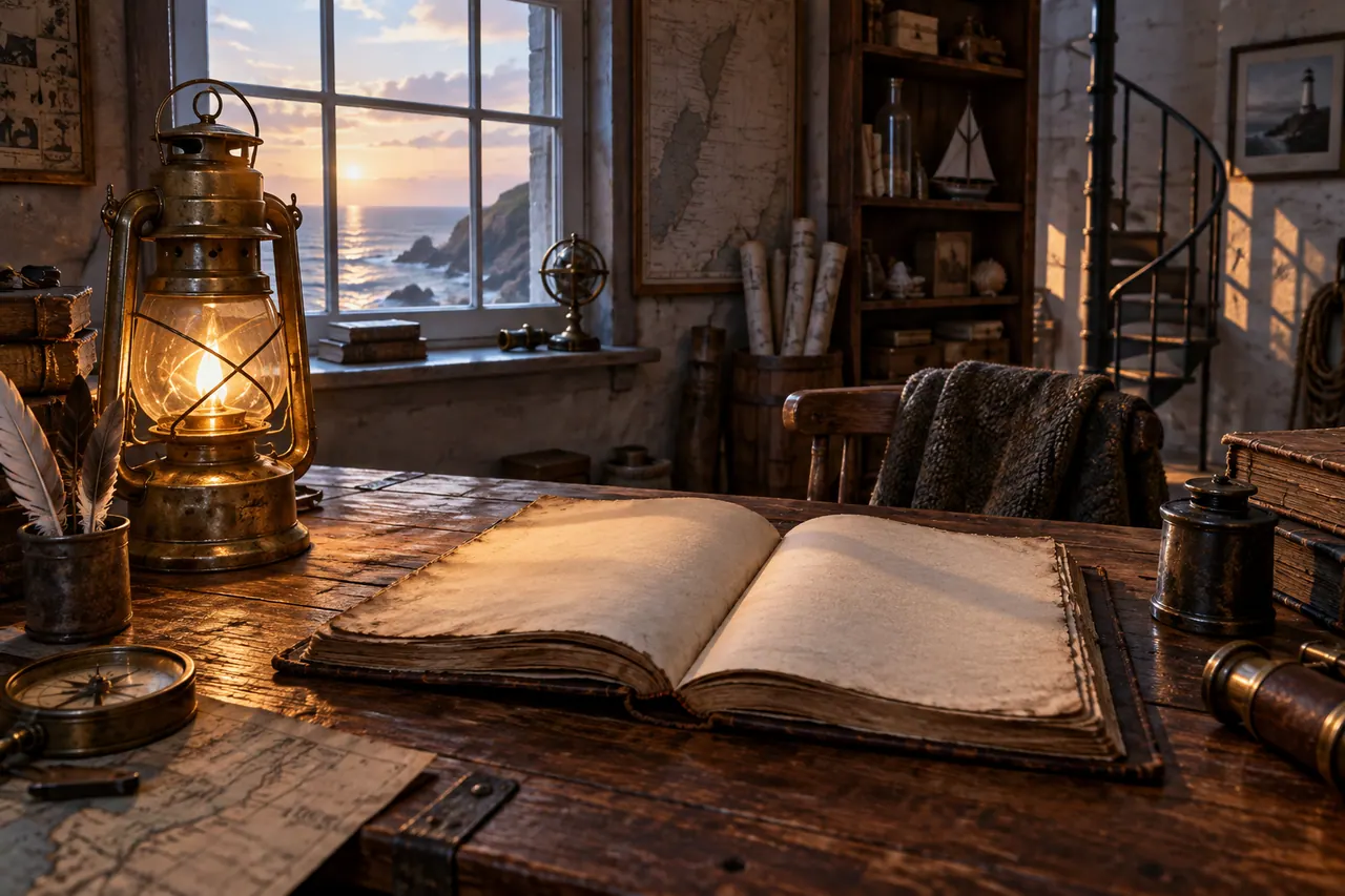 An old plain brass lantern beside an open weathered ledger with blank unlettered pages on a wooden desk in a lighthouse archive room.