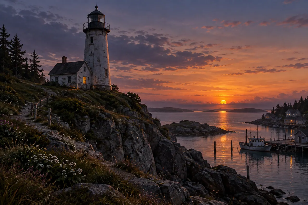 A retired coastal lighthouse above a quiet harbor at dusk.